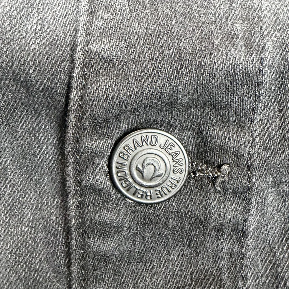 True Religion‎ Mens Black Denim Trucker Jacket XXL Horseshoe Stitching Y2K Moto
